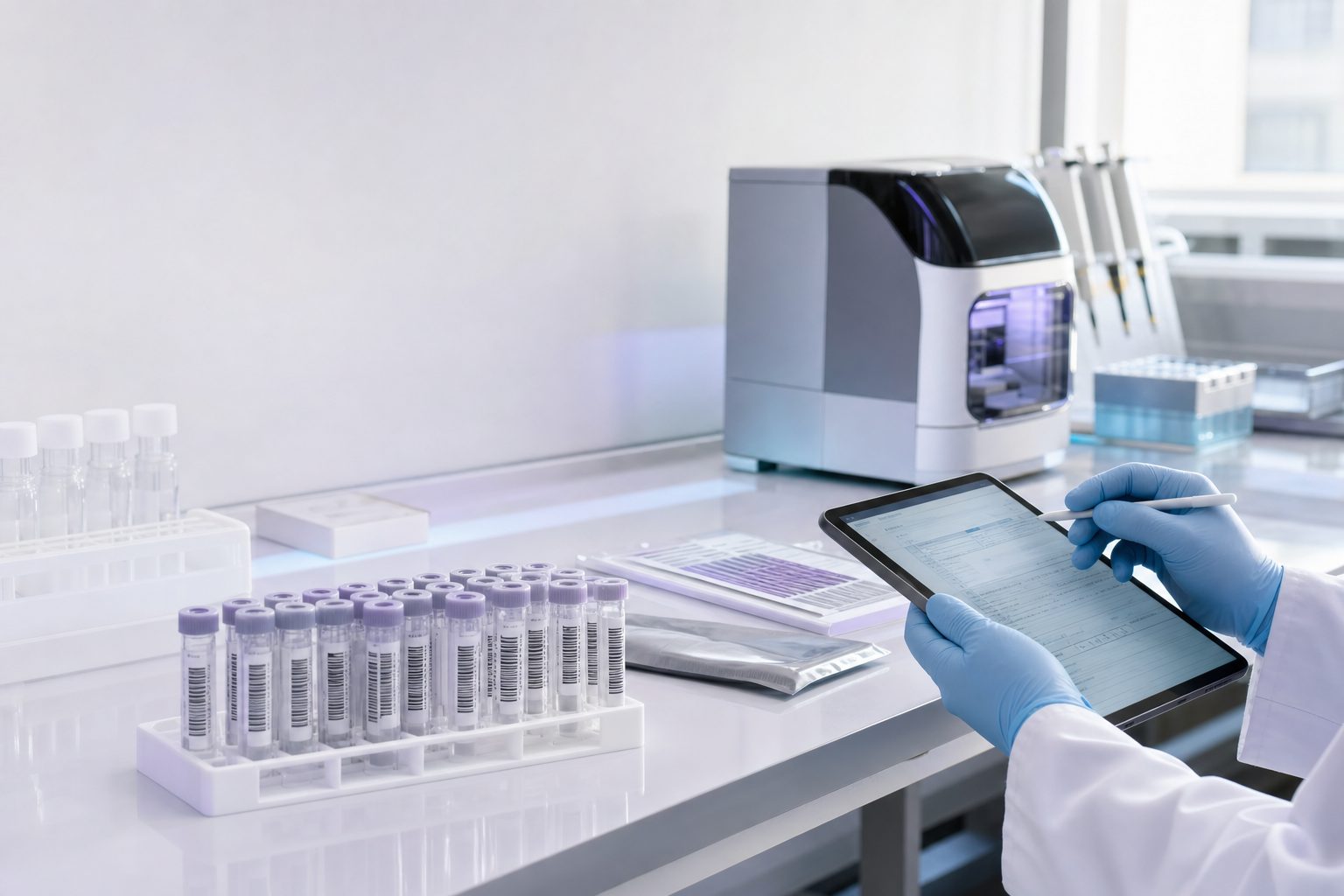 Laboratory bench with sample tubes and a technician reviewing data on a tablet